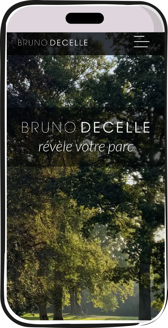 Site Bruno Decelle sur smartphone, parc ensoleillé